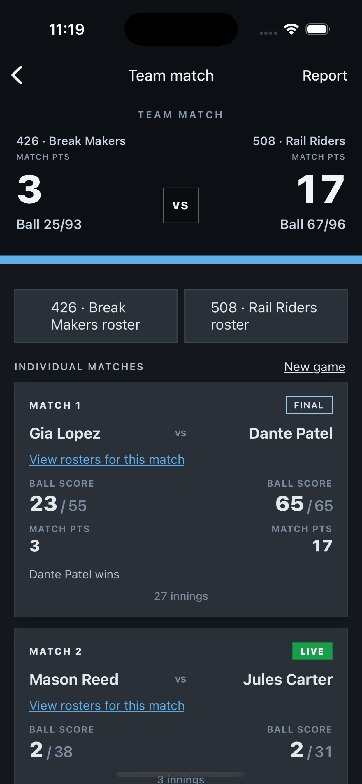 Team match overview