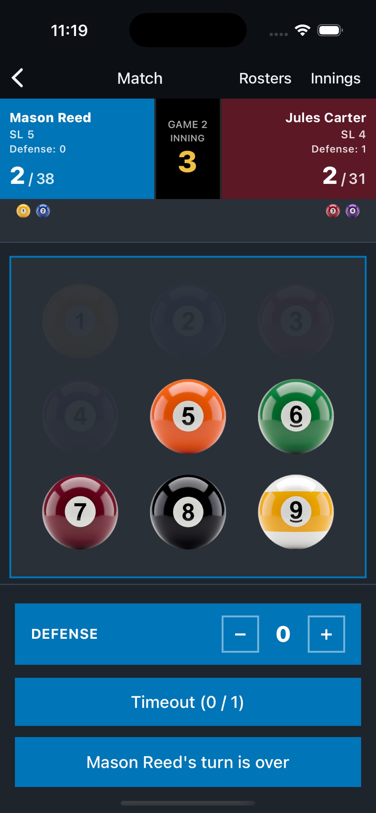 Live APA 9 Ball scoring screen