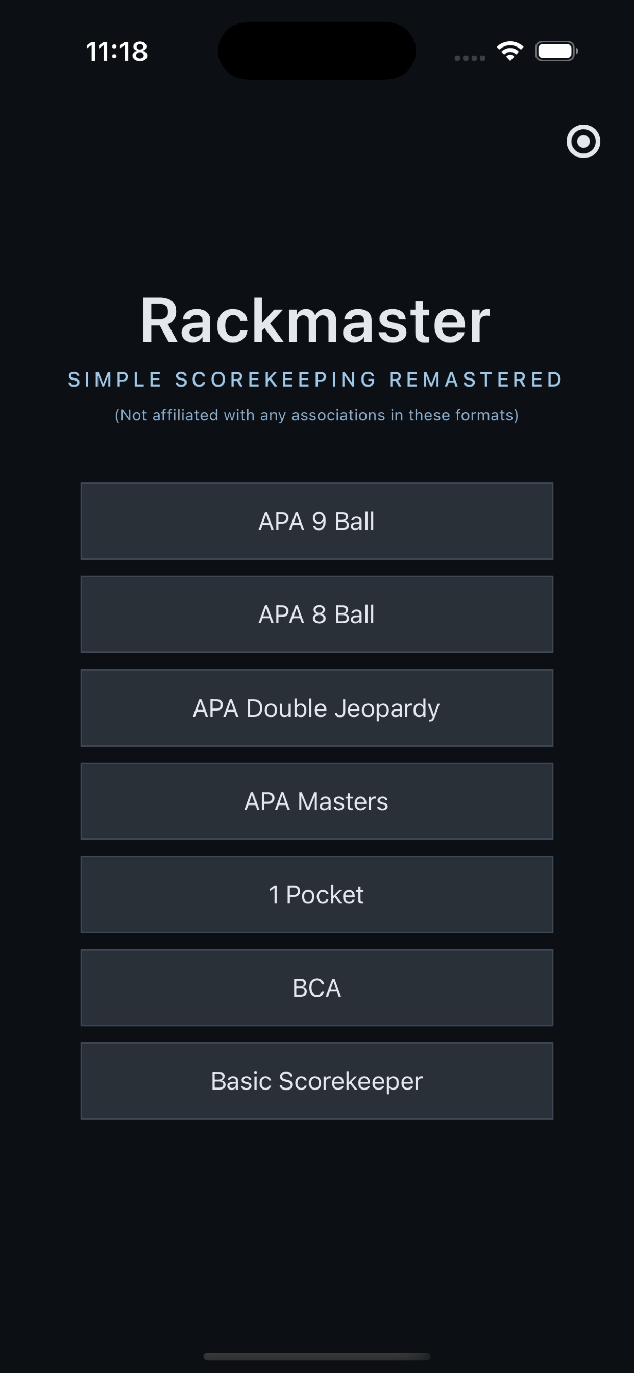 Rackmaster format selection screen